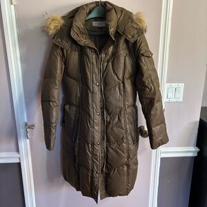 Marc New York Olive Puffer Coat with Faux Fur Hood